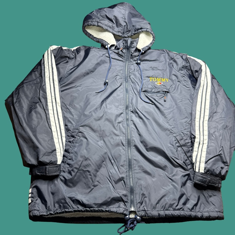 Vintage PF New York Casual Jacket Large Navy Sherpa Lined Hooded Tommy Y2K